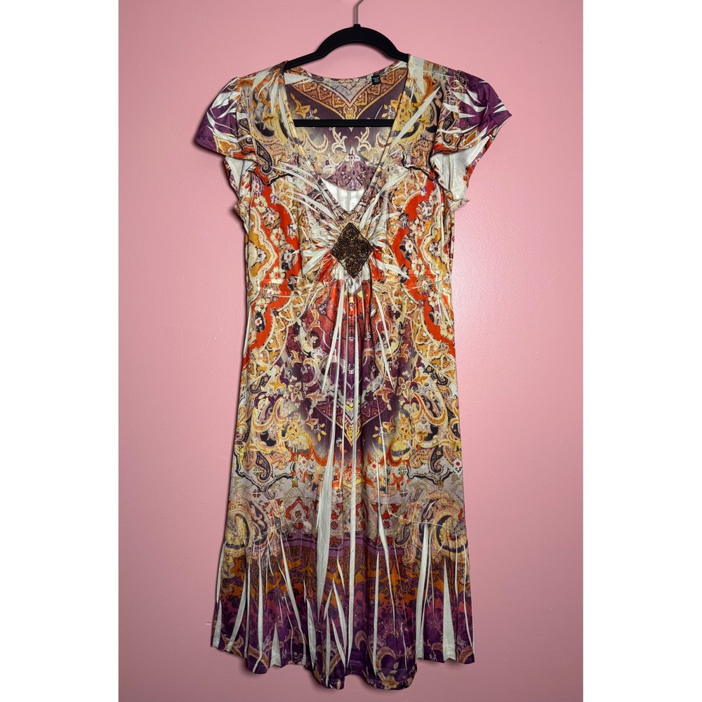 Paisley Print Dress‎ Women Petite Small Multicolor Excellent Boho Beaded